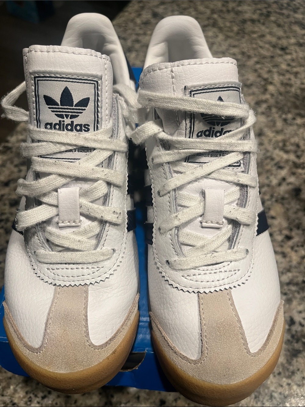 adidas Kids White and Navy Retro Sneakers with Gum Sole